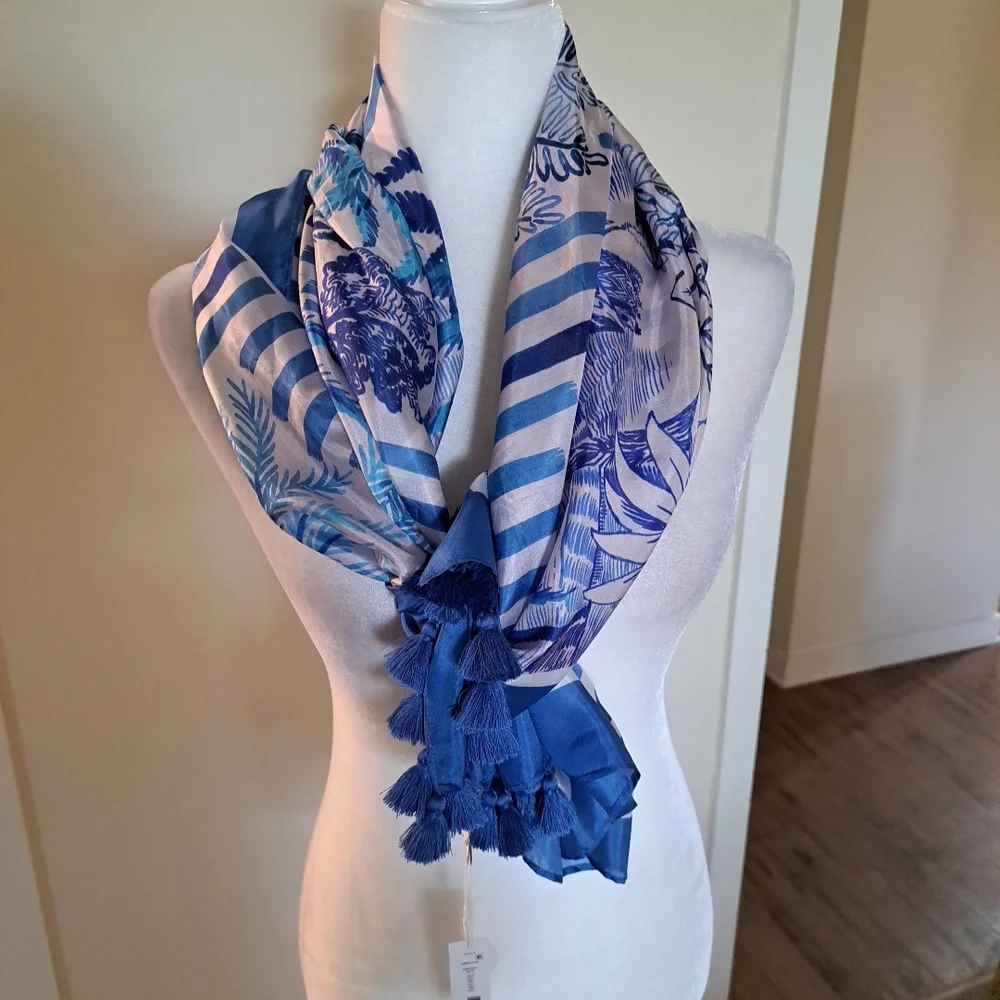 NWT GEMMA LAYNE 100% Silk Scarf Blues Tropical Print